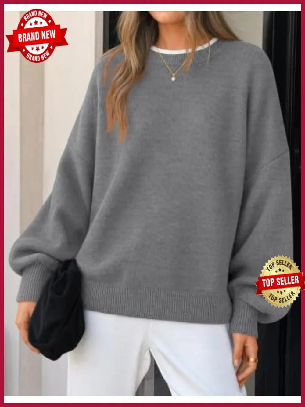 ZESICA Women's Oversized Crewneck Pullover Sweater with Lantern Sleeves - Long